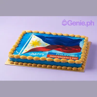 Rectangular cake with a Philippine flag edible print on top and tan piped icing borders Rectangular cake with a Philippine flag edible print on top and tan piped icing borders