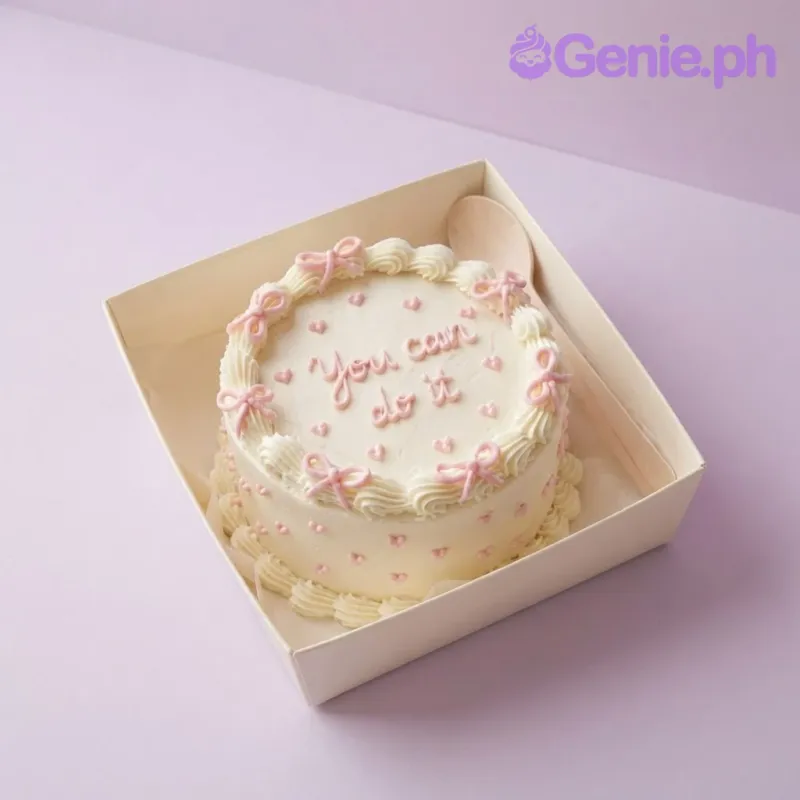 Ivory bento cake with smooth soft icing, piped pink bows, and scattered pink heart sprinkles Ivory bento cake with smooth soft icing, piped pink bows, and scattered pink heart sprinkles
