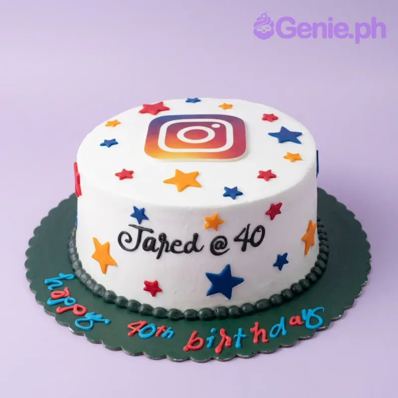 A white round 1-tier cake themed around Instagram, featuring a printed Instagram logo, colorful fondant stars, and custom text.