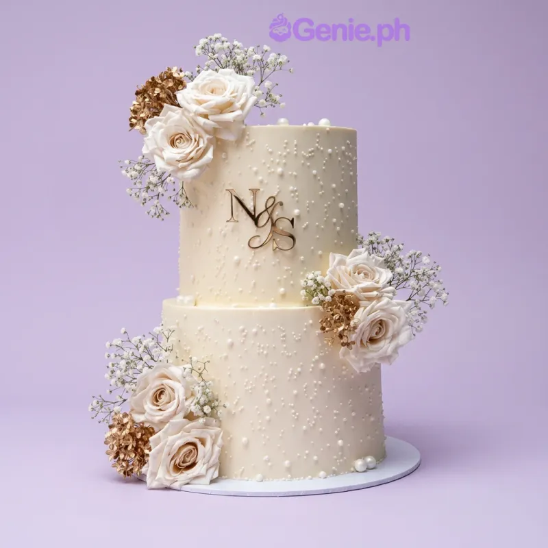 Ivory 2-tier cake with smooth soft icing, white pearl accents, and fresh white roses with baby's breath Ivory 2-tier cake with smooth soft icing, white pearl accents, and fresh white roses with baby's breath