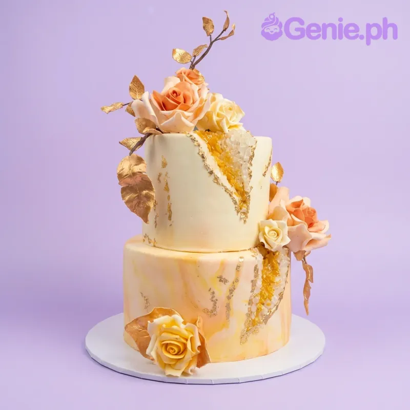 An ivory 2-tier cake themed around Geode, featuring peach and yellow sugar roses and gold leaf with a gold crystal geode cut-out. An ivory 2-tier cake themed around Geode, featuring peach and yellow sugar roses and gold leaf with a gold crystal geode cut-out.