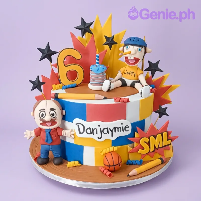 A colorful Jeffy SML Puppet 1-tier fondant cake featuring Jeffy and Goodman figures, number 6, basketball, and pencils. A colorful Jeffy SML Puppet 1-tier fondant cake featuring Jeffy and Goodman figures, number 6, basketball, and pencils.