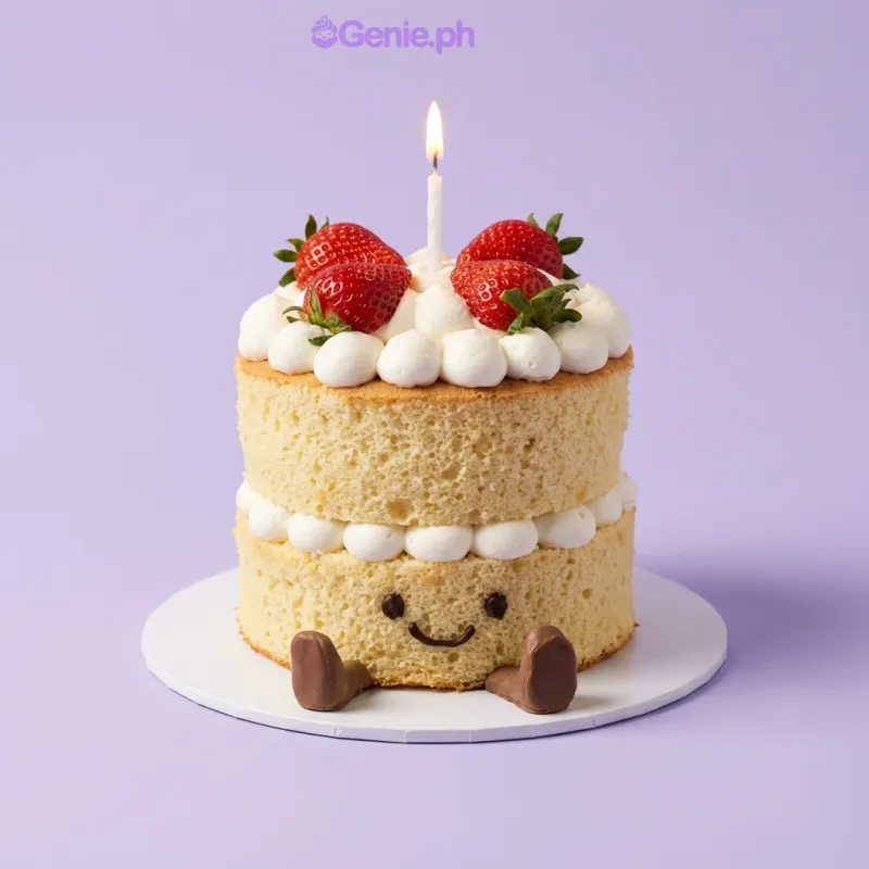 Light yellow 1-tier cake with piped face, fresh strawberries, and a single candle Light yellow 1-tier cake with piped face, fresh strawberries, and a single candle