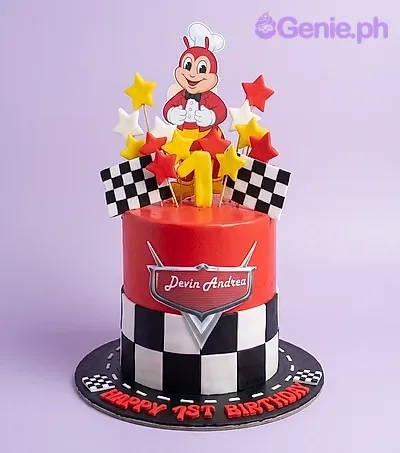 A red, black, yellow 2 Tier Fondant cake with Jollibee, Cars, number one, stars, and checkered patterns. A red, black, yellow 2 Tier Fondant cake with Jollibee, Cars, number one, stars, and checkered patterns.