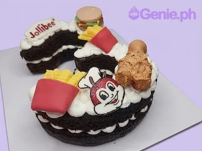 A black and white 1 Tier cake themed around Jollibee, featuring Jollibee mascot, logo, fried chicken, and burger toppers. A black and white 1 Tier cake themed around Jollibee, featuring Jollibee mascot, logo, fried chicken, and burger toppers.