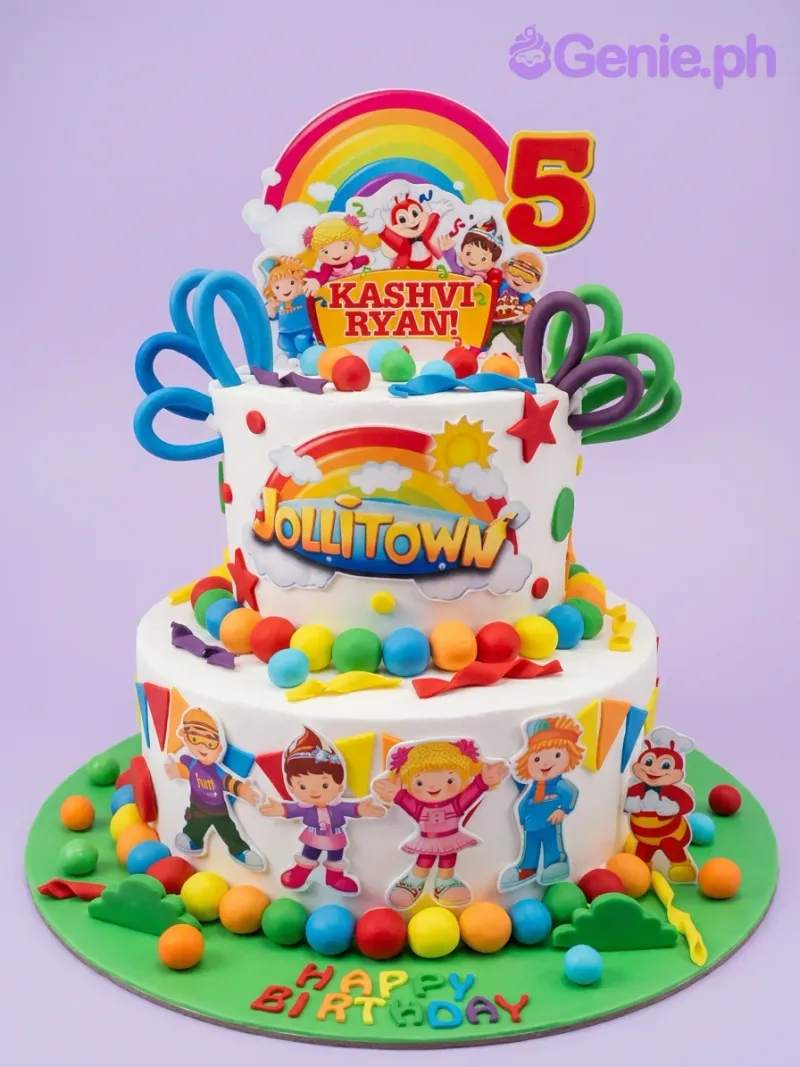 A white and green Jollitown two-tier cake, with Jollibee characters, a rainbow, red number 5, colorful fondant balls, and bunting. A white and green Jollitown two-tier cake, with Jollibee characters, a rainbow, red number 5, colorful fondant balls, and bunting.