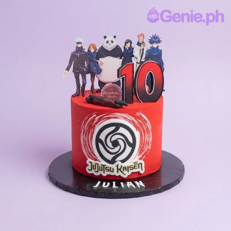 Bright red 1-tier fondant cake with smooth icing, Jujutsu Kaisen theme, anime character cutouts, and a number topper Bright red 1-tier fondant cake with smooth icing, Jujutsu Kaisen theme, anime character cutouts, and a number topper