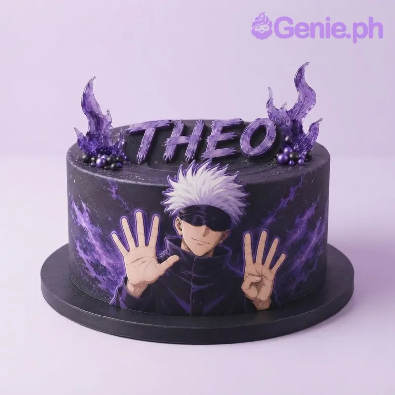 Black 1-tier cake with soft icing featuring an anime character printout, purple isomalt flames, and a name topper Black 1-tier cake with soft icing featuring an anime character printout, purple isomalt flames, and a name topper