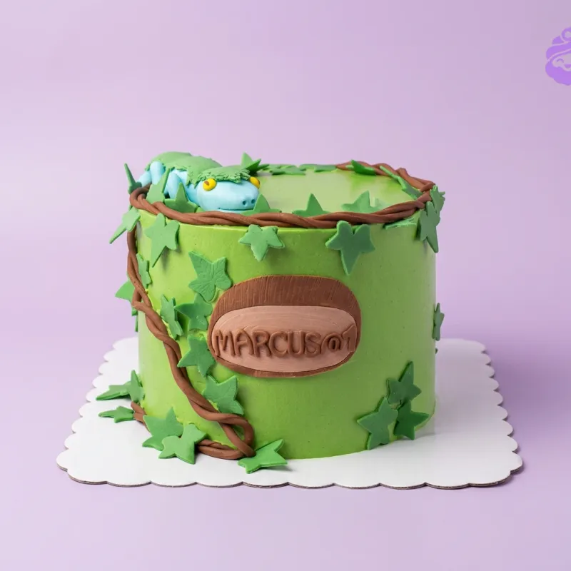 A light green one-tier jungle lizard cake, featuring a 3D blue and green lizard, brown vines, green leaves, and 'MARCUS @ 1' text. A light green one-tier jungle lizard cake, featuring a 3D blue and green lizard, brown vines, green leaves, and 'MARCUS @ 1' text.