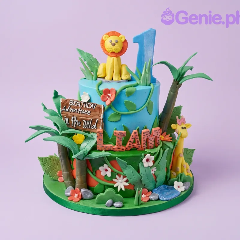 A blue and green two-tier fondant cake, Jungle Safari themed, featuring a lion, giraffe, number one, palm trees, and 'LIAM' letters. A blue and green two-tier fondant cake, Jungle Safari themed, featuring a lion, giraffe, number one, palm trees, and 'LIAM' letters.