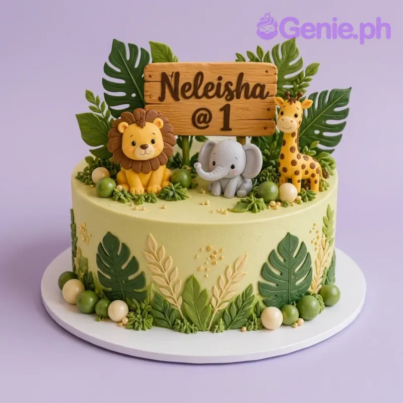 A light green 1-tier Jungle Safari cake with fondant lion, elephant, giraffe, wooden sign, and green leaves. A light green 1-tier Jungle Safari cake with fondant lion, elephant, giraffe, wooden sign, and green leaves.