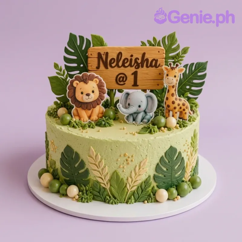A light green 1-Tier Jungle Safari cake with a wooden sign, lion, elephant, giraffe, and tropical leaves. A light green 1-Tier Jungle Safari cake with a wooden sign, lion, elephant, giraffe, and tropical leaves.