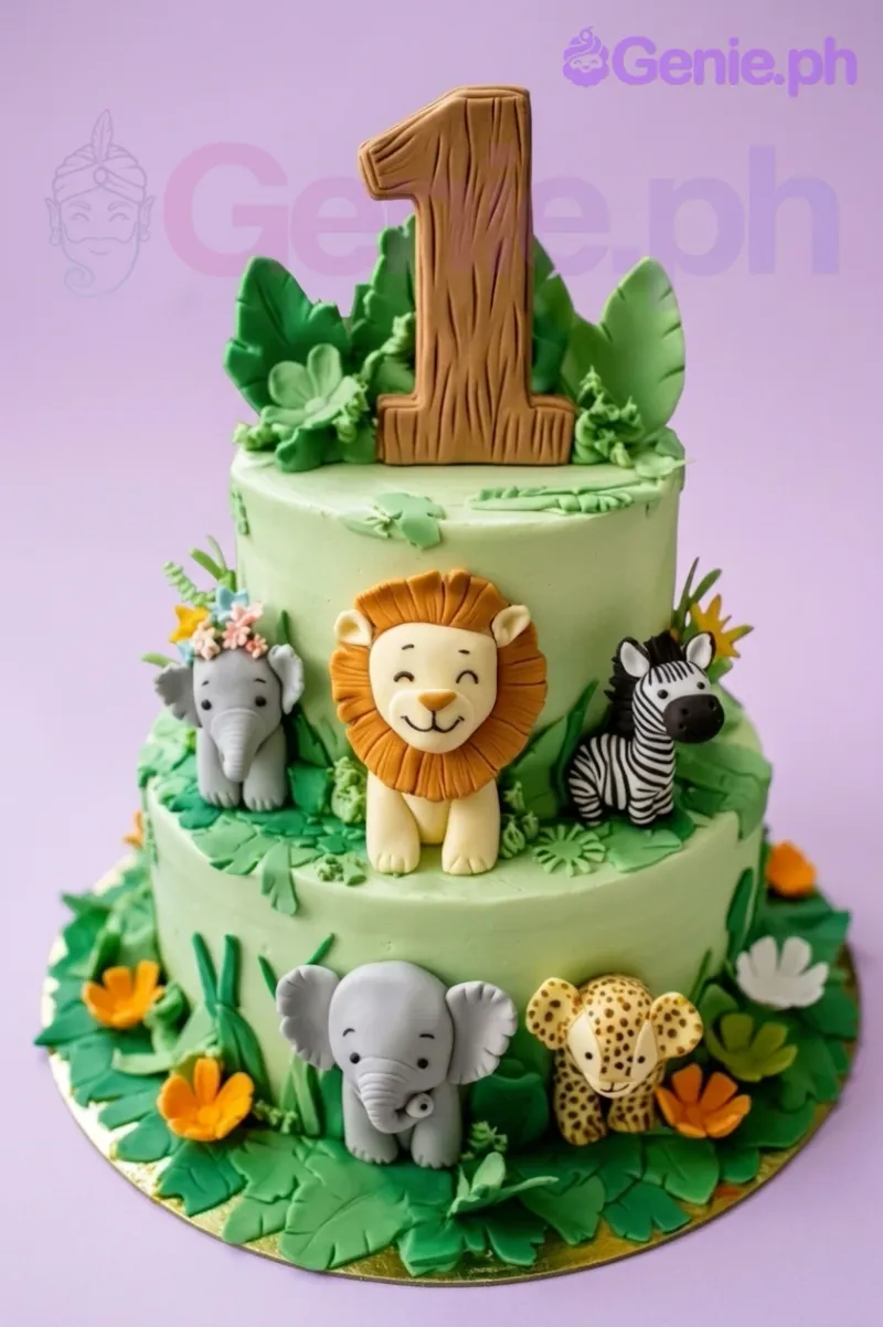 A light green 2-tier fondant Jungle Safari cake, with animal figures, a wood '1' topper, and green foliage. A light green 2-tier fondant Jungle Safari cake, with animal figures, a wood '1' topper, and green foliage.