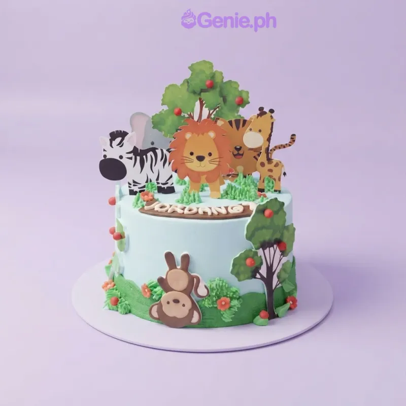A light blue 1-tier Jungle Safari cake, featuring assorted animal printouts and green icing grass, with 'JORDANO' text. A light blue 1-tier Jungle Safari cake, featuring assorted animal printouts and green icing grass, with 'JORDANO' text.