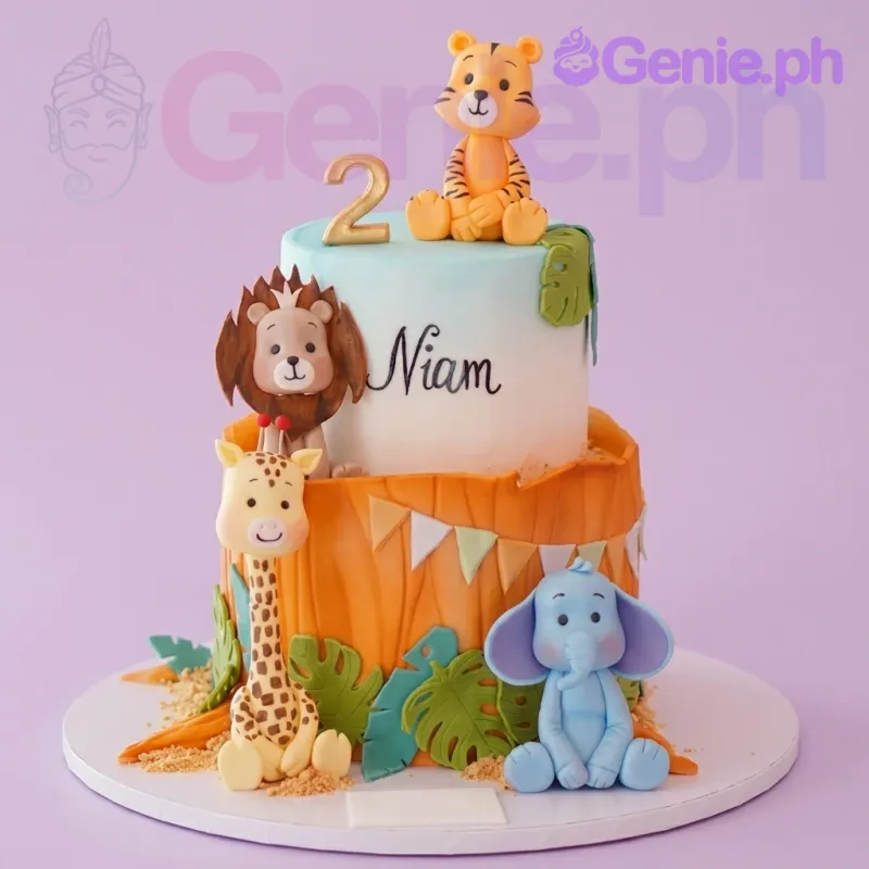 A multicolor two-tier fondant Jungle Safari cake with tiger, lion, giraffe, elephant figures, a gold number two, and green leaves. A multicolor two-tier fondant Jungle Safari cake with tiger, lion, giraffe, elephant figures, a gold number two, and green leaves.