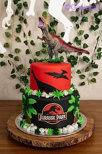 A red and black 2-tier Jurassic Park cake, featuring a T-Rex, logo, dino silhouettes, and jungle accents. A red and black 2-tier Jurassic Park cake, featuring a T-Rex, logo, dino silhouettes, and jungle accents.