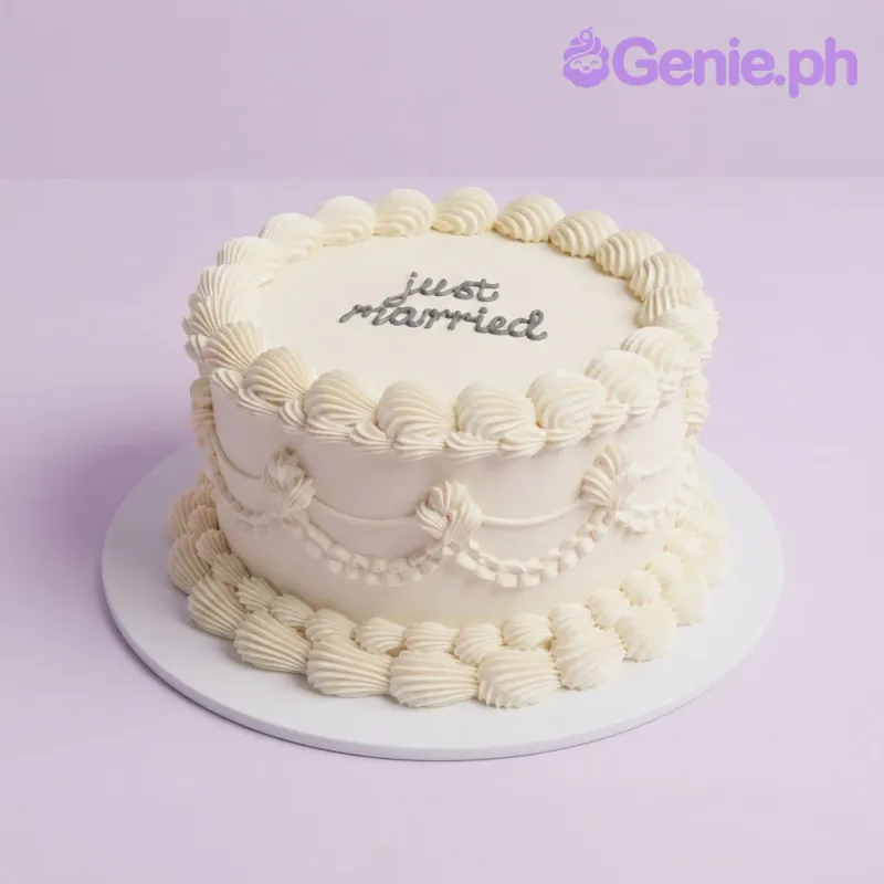White 1-tier cake with smooth soft icing, piped shell borders, piped swags on the side, and black piped text on top White 1-tier cake with smooth soft icing, piped shell borders, piped swags on the side, and black piped text on top