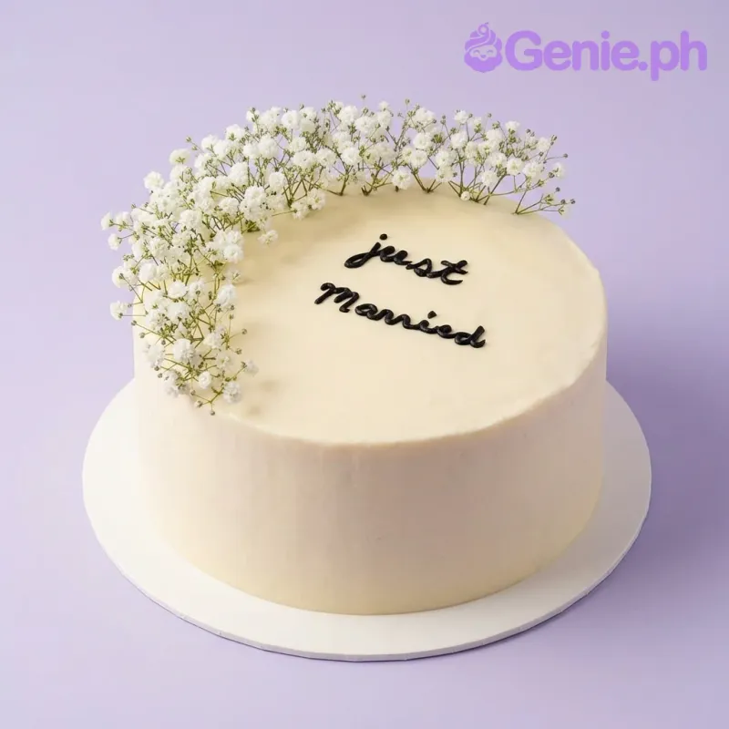 A white 1 Tier cake themed around Just Married, featuring fresh white baby's breath flowers and black piped icing text reading 'just married'. A white 1 Tier cake themed around Just Married, featuring fresh white baby's breath flowers and black piped icing text reading 'just married'.