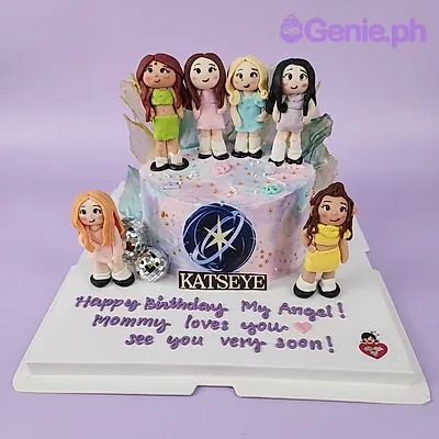 Lavender 1-tier birthday cake with Katseye figurines and logo printout Lavender 1-tier birthday cake with Katseye figurines and logo printout