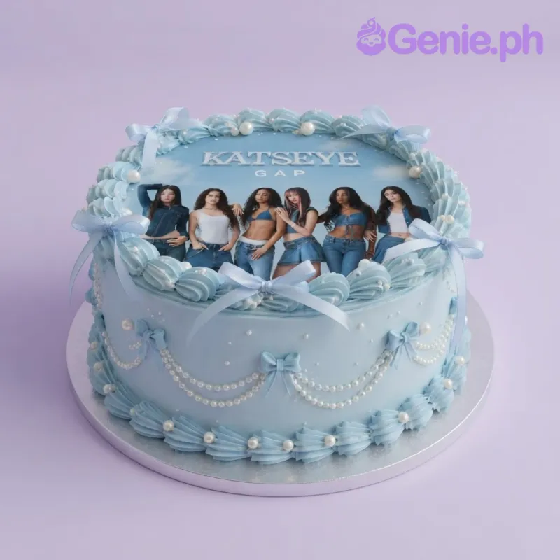 Light blue 1-tier cake with soft icing, a Katseye group photo print on top, white pearl accents, and light blue fabric ribbon bows Light blue 1-tier cake with soft icing, a Katseye group photo print on top, white pearl accents, and light blue fabric ribbon bows