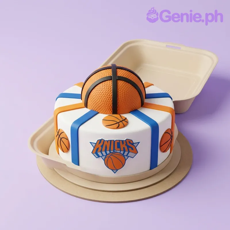 White single tier fondant cake with a 3D basketball topper and New York Knicks logo printouts White single tier fondant cake with a 3D basketball topper and New York Knicks logo printouts