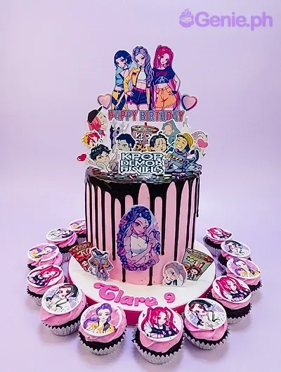 A pink 1-tier cake themed around Kpop Anime, featuring Kpop anime characters and a dark chocolate drip, with colorful sprinkles. A pink 1-tier cake themed around Kpop Anime, featuring Kpop anime characters and a dark chocolate drip, with colorful sprinkles.