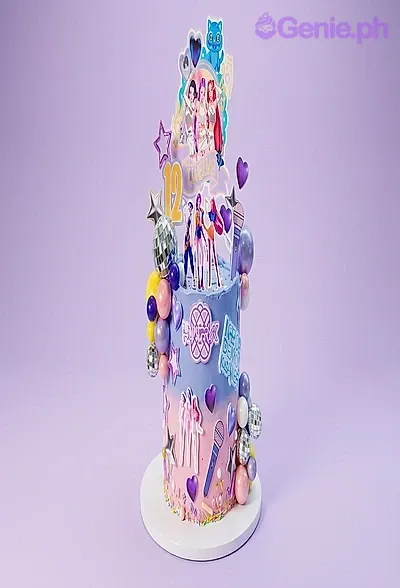 Purple and pink gradient 1-tier Kpop Anime cake, featuring anime girl characters, a number 12, disco balls, and purple hearts. Purple and pink gradient 1-tier Kpop Anime cake, featuring anime girl characters, a number 12, disco balls, and purple hearts.