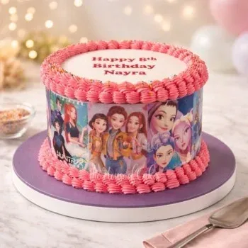 White 1-tier Kpop birthday cake with smooth soft icing, edible photo top, and pink piped borders White 1-tier Kpop birthday cake with smooth soft icing, edible photo top, and pink piped borders