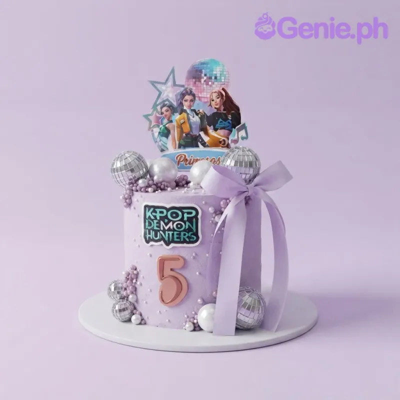 Lavender 1-tier cake with soft icing, k-pop character printout topper, disco balls, and a ribbon bow Lavender 1-tier cake with soft icing, k-pop character printout topper, disco balls, and a ribbon bow
