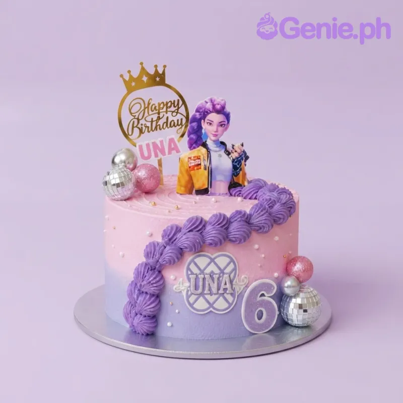 Pink and purple gradient 1-tier cake with character printout, gold crown topper, disco balls, and piped rosettes Pink and purple gradient 1-tier cake with character printout, gold crown topper, disco balls, and piped rosettes