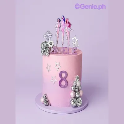Pink and lavender gradient 1-tier cake with K-pop character cutouts, acrylic name topper, and silver star decorations Pink and lavender gradient 1-tier cake with K-pop character cutouts, acrylic name topper, and silver star decorations