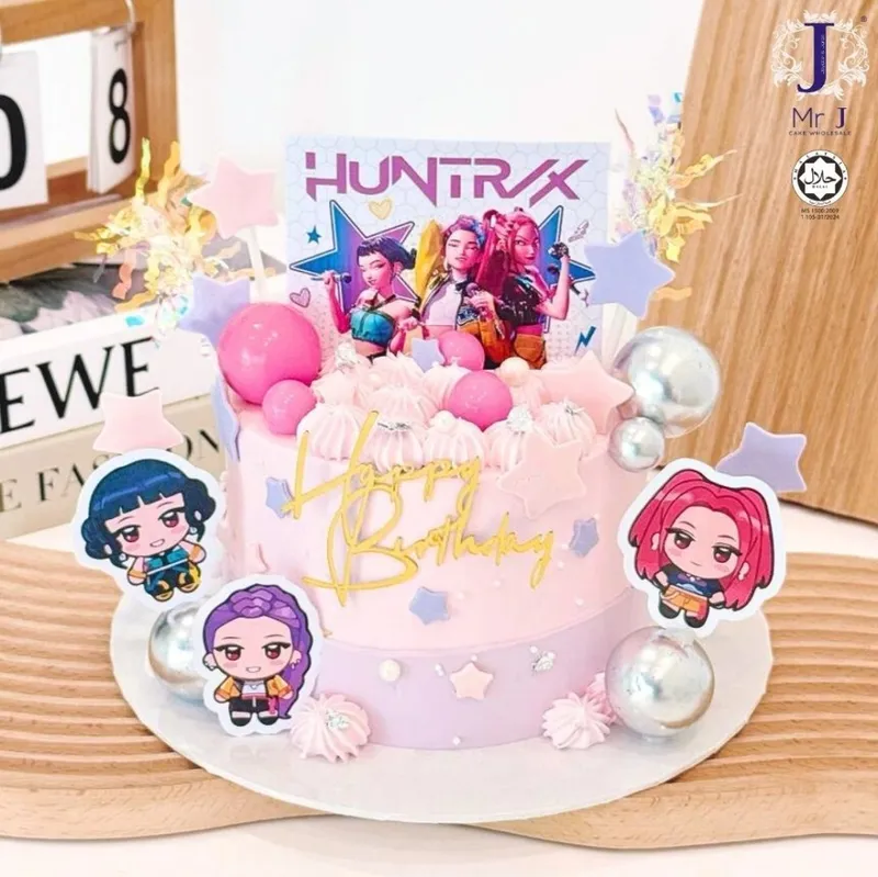 Pink and lavender 1-tier birthday cake with K-pop character printouts and gold Happy Birthday topper Pink and lavender 1-tier birthday cake with K-pop character printouts and gold Happy Birthday topper