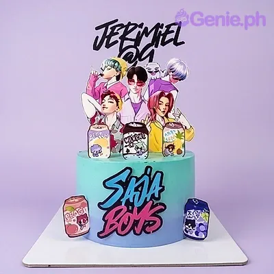 A blue and teal gradient 1-Tier Kpop Boys cake, featuring boy band members, soda cans, and 'SAJA BOYS' text. A blue and teal gradient 1-Tier Kpop Boys cake, featuring boy band members, soda cans, and 'SAJA BOYS' text.