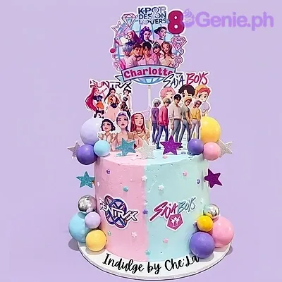 Pink and light blue 1 Tier cake, K-pop Buntrix Saja Boys theme, with character printouts, plastic balls, stars. Pink and light blue 1 Tier cake, K-pop Buntrix Saja Boys theme, with character printouts, plastic balls, stars.