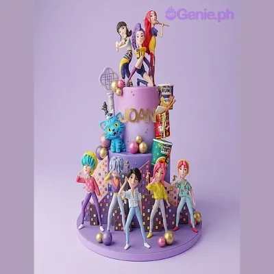 Purple 2-tier fondant cake with K-pop dancer figurines and gold name topper Purple 2-tier fondant cake with K-pop dancer figurines and gold name topper