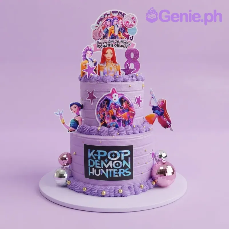 Lavender 2-tier soft icing birthday cake with Kpop Demon Hunters printouts, disco balls, and gold pearls Lavender 2-tier soft icing birthday cake with Kpop Demon Hunters printouts, disco balls, and gold pearls