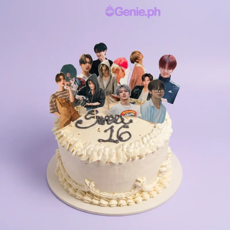 White 1-tier birthday cake with multiple printed K-pop idol photo toppers and black satin ribbon White 1-tier birthday cake with multiple printed K-pop idol photo toppers and black satin ribbon
