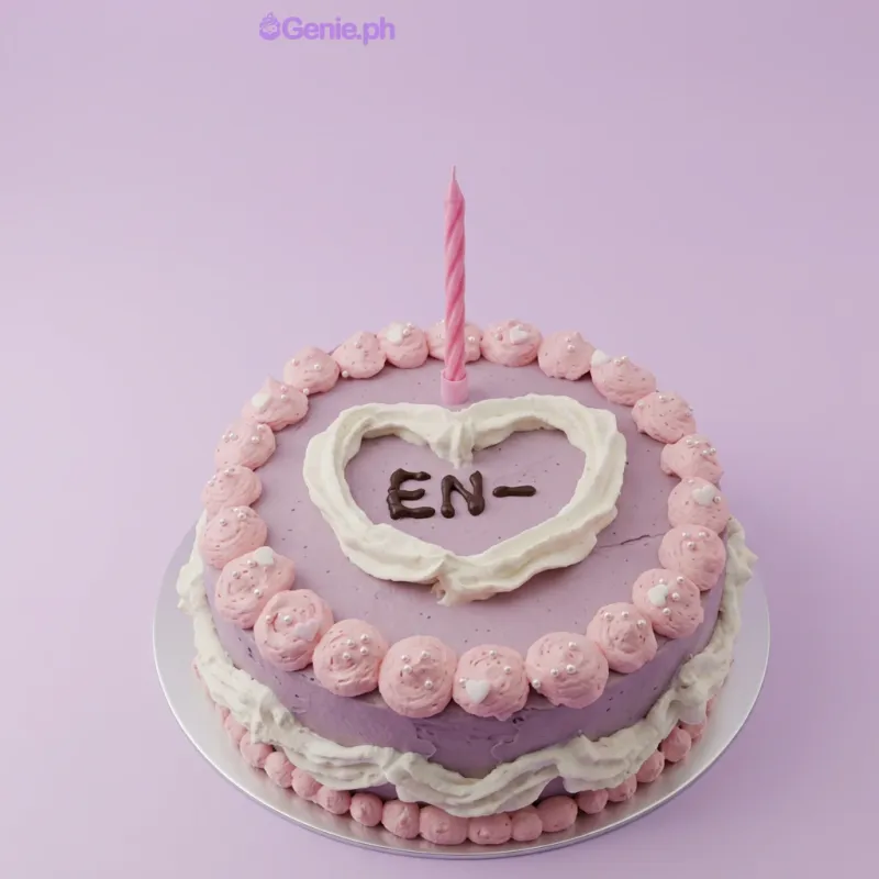 Lavender 1-tier cake with pink piped rosettes and three photocard printouts behind it Lavender 1-tier cake with pink piped rosettes and three photocard printouts behind it