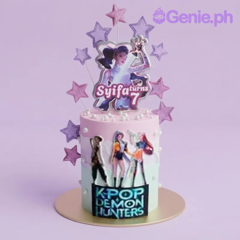 Lavender and mint 1-tier birthday cake with smooth soft icing, Kpop character printouts, and purple star toppers Lavender and mint 1-tier birthday cake with smooth soft icing, Kpop character printouts, and purple star toppers