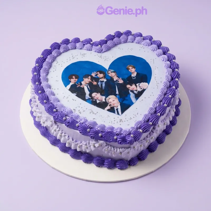 One tier cake with a K-pop group photo print, lavender soft icing, purple piped borders, and silver dragees One tier cake with a K-pop group photo print, lavender soft icing, purple piped borders, and silver dragees