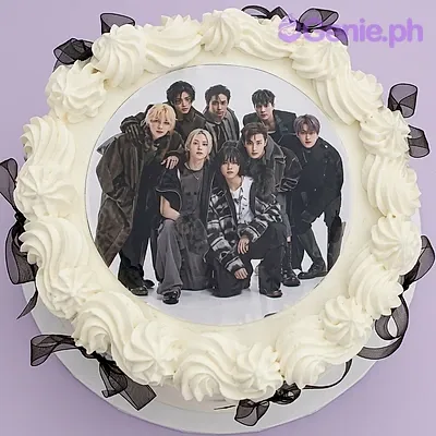 White 1-tier cake with a group photo print on top and black satin ribbon accents White 1-tier cake with a group photo print on top and black satin ribbon accents