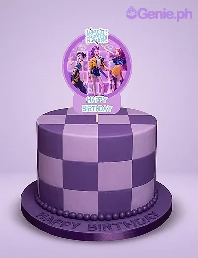 A purple and lavender 1 Tier Fondant cake themed around Kpop, featuring a Kpop group printout topper, checkered pattern, and beaded border. A purple and lavender 1 Tier Fondant cake themed around Kpop, featuring a Kpop group printout topper, checkered pattern, and beaded border.