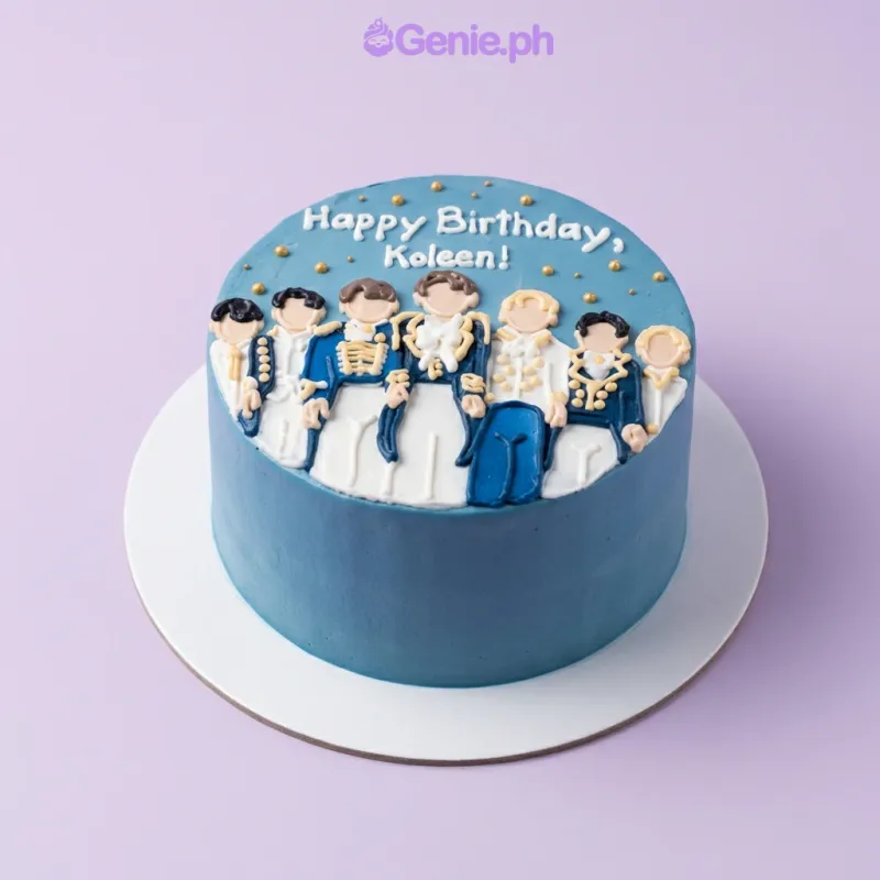 One tier sky blue cake with soft icing, featuring six printed Kpop boyband figures and gold sprinkle accents One tier sky blue cake with soft icing, featuring six printed Kpop boyband figures and gold sprinkle accents