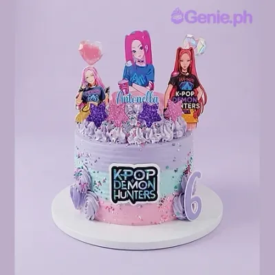 Pastel gradient 1-tier cake with K-pop character printouts, a name banner, glittery stars, and a number 6 topper Pastel gradient 1-tier cake with K-pop character printouts, a name banner, glittery stars, and a number 6 topper