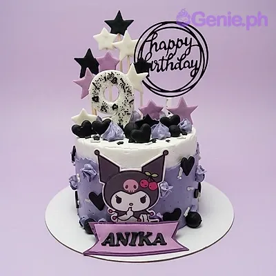 Kuromi 9th birthday 1 Tier - black theme with Happy Birthday text topper and small icing swirls Kuromi 9th birthday 1 Tier - black theme with Happy Birthday text topper and small icing swirls