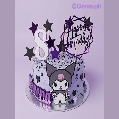 Lavender 1-tier birthday cake with Kuromi character printout, number 8, and purple glitter stars Lavender 1-tier birthday cake with Kuromi character printout, number 8, and purple glitter stars