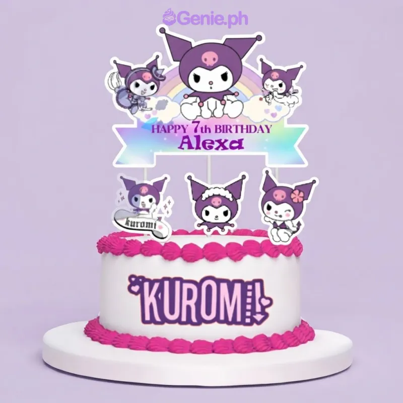 White 1-tier birthday cake with Kuromi character printout toppers and hot pink piped borders White 1-tier birthday cake with Kuromi character printout toppers and hot pink piped borders