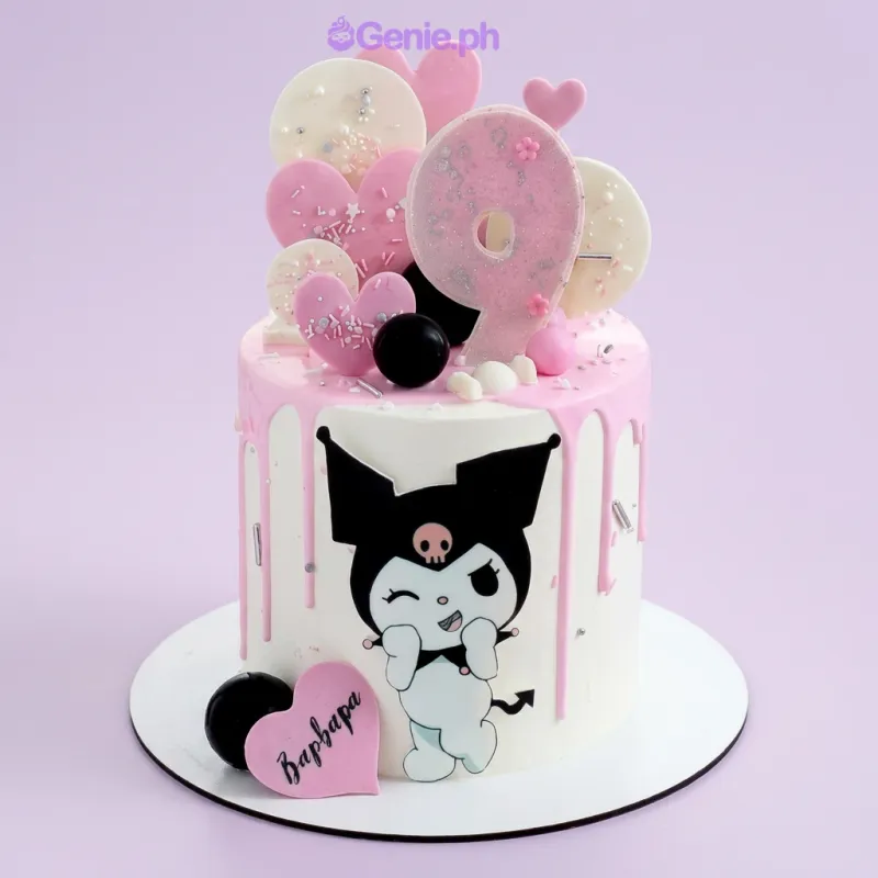 White 1-tier fondant cake with Kuromi character printout and pink drip White 1-tier fondant cake with Kuromi character printout and pink drip