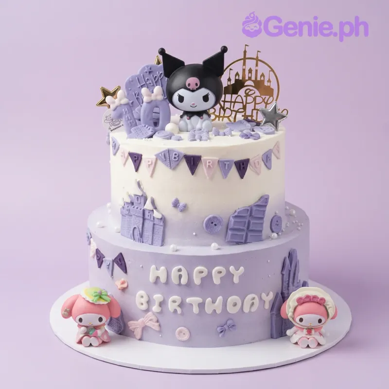 White and lavender 2-tier fondant birthday cake with Kuromi and My Melody figures and Happy Birthday message White and lavender 2-tier fondant birthday cake with Kuromi and My Melody figures and Happy Birthday message