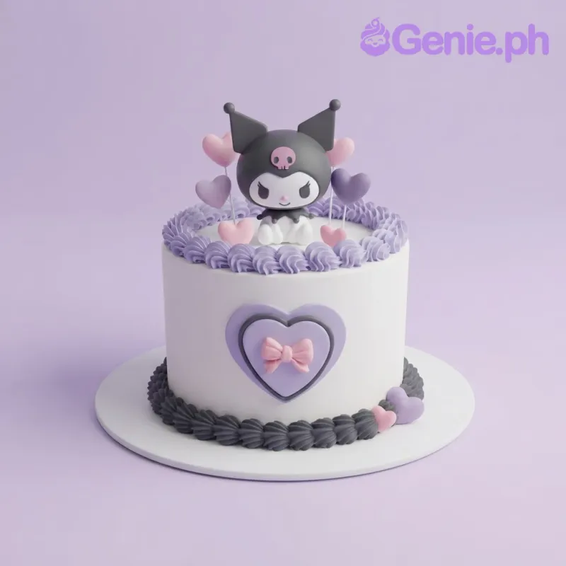 White 1-tier cake with soft icing, Kuromi figurine, pink heart toppers, and purple rosettes White 1-tier cake with soft icing, Kuromi figurine, pink heart toppers, and purple rosettes